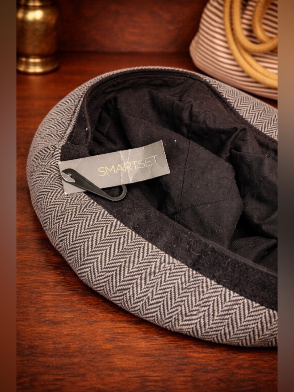 Smart Set Newsboy Cap • Grey Herringbone Hat • Black Band & Bow • Classic Chic - Picture 3 of 5